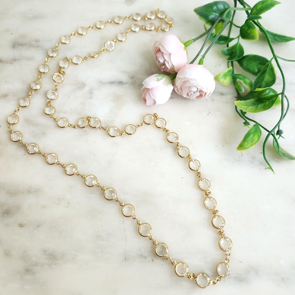 Vintage Swarovski Gold Tone Clear Crystal Bezel Long 32" Necklace Swan Tag